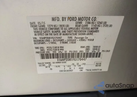 2015 Ford Taurus Se из США, поврежденный, VIN 1FAHP2D81FG170447